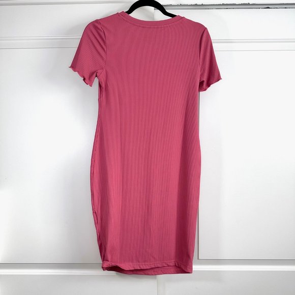 Fuchsia Pink Bodycon Ribbed Mini Short Sleeve Dress - Picture 2 of 13